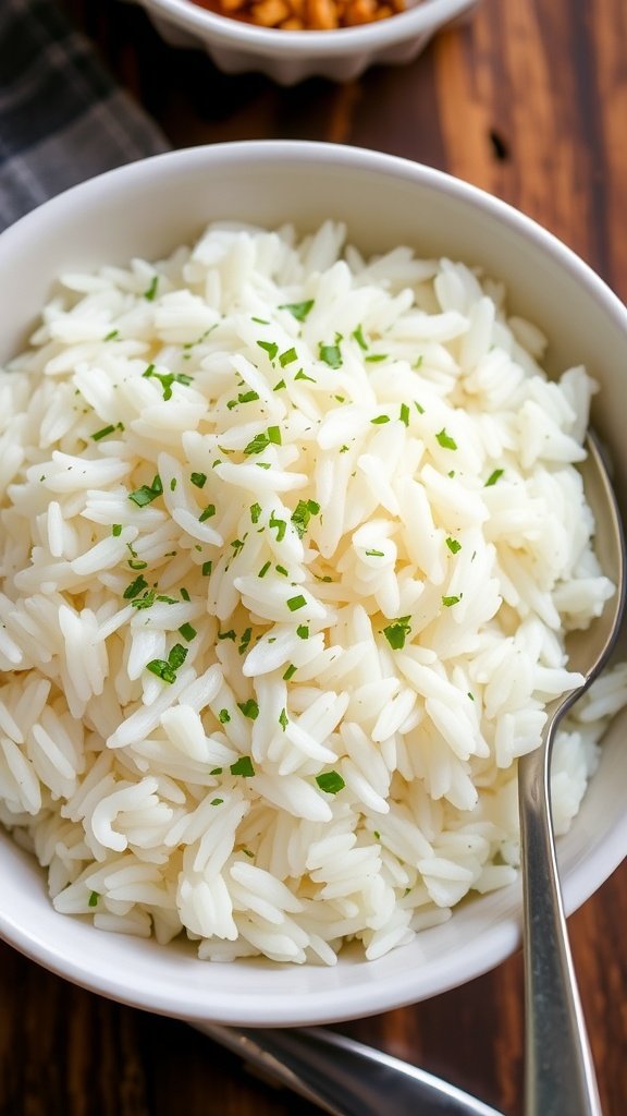 Fluffy white rice in a bowl garnished with herbs on a rustic wooden table.