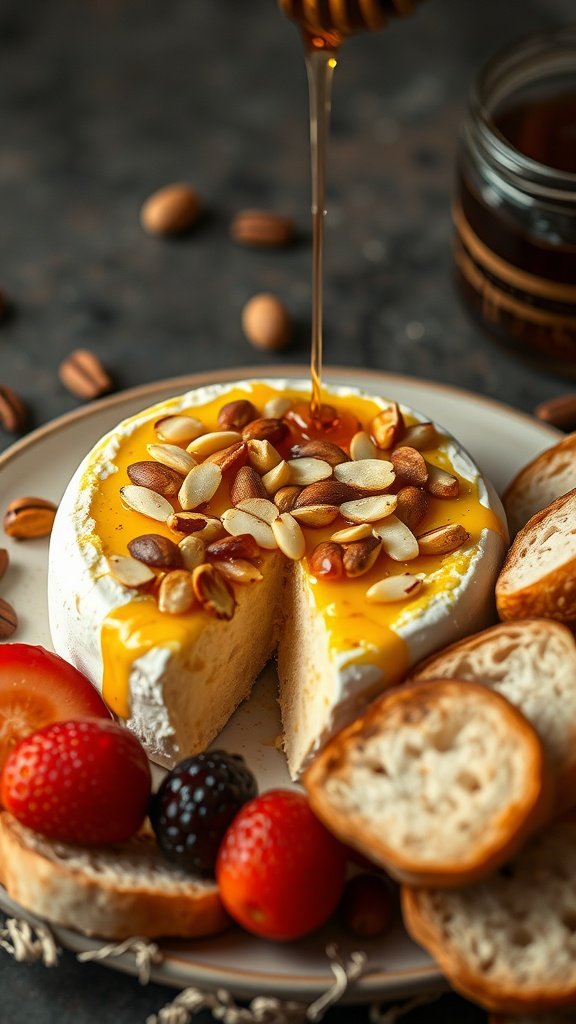 A baked brie topped with honey and almonds, served with fresh fruit and bread.