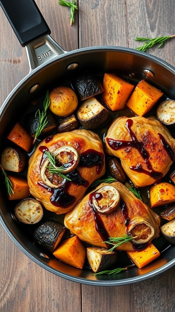 Balsamic chicken with roasted vegetables in a pan.