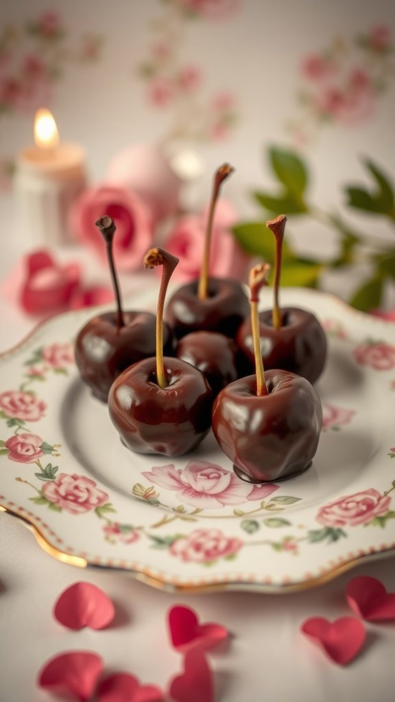 a plate of chocolate-covered cherry bombs ready for valentine's day