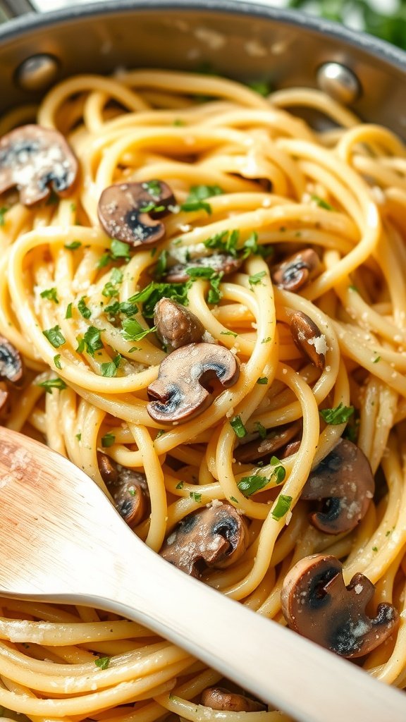 A bowl of creamy garlic mushroom pasta garnished with parsley