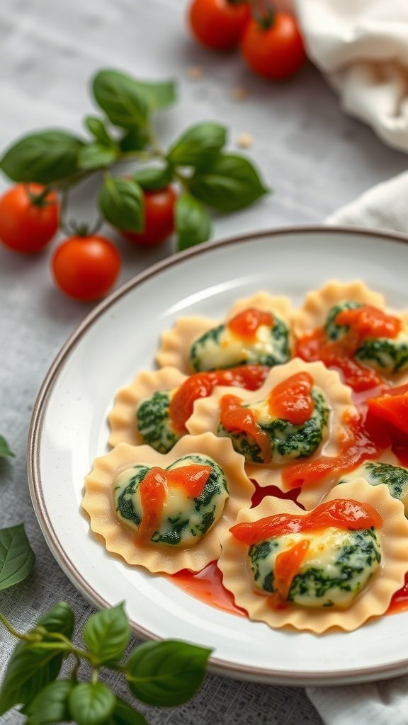 Plate of heart-shaped ravioli filled with spinach and ricotta, garnished with marinara sauce.