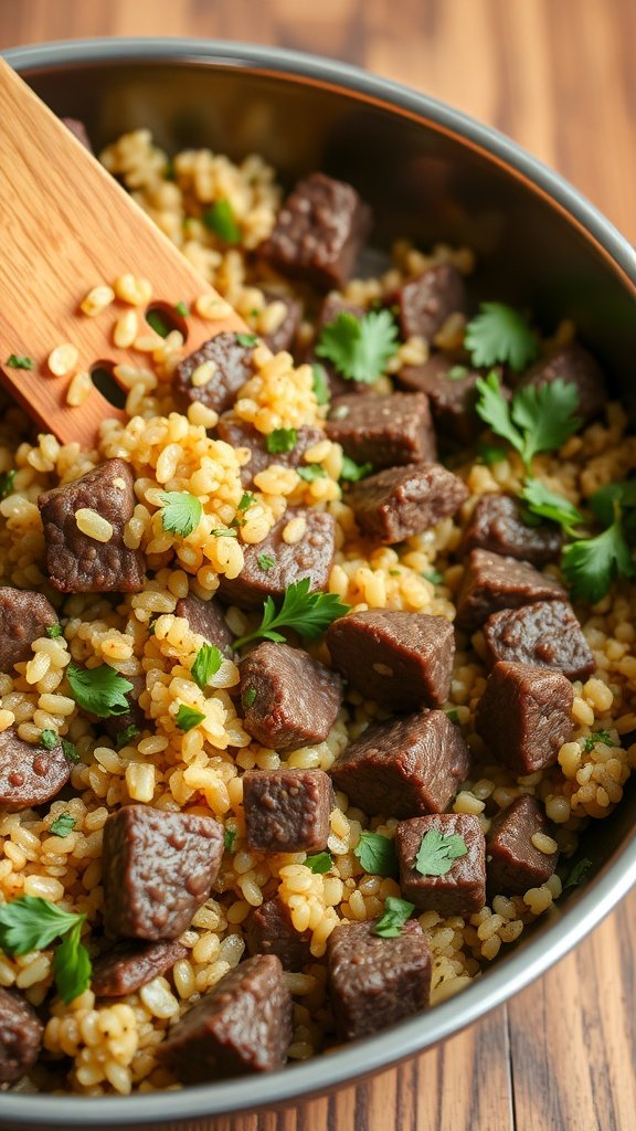 A hearty beef and quinoa skillet with chopped parsley on top.