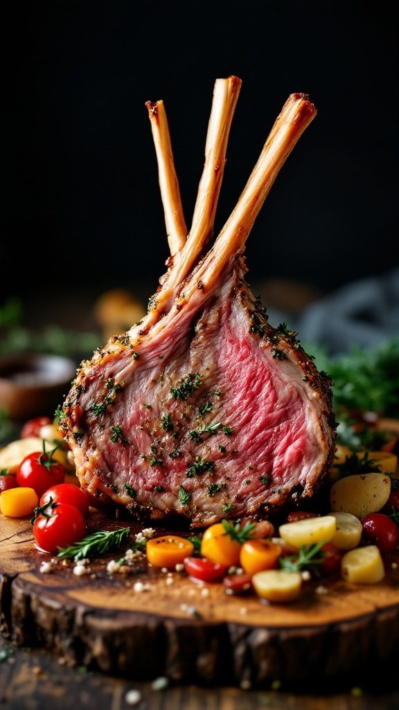 A beautifully presented herb-crusted rack of lamb on a wooden platter with cherry tomatoes and fresh herbs.