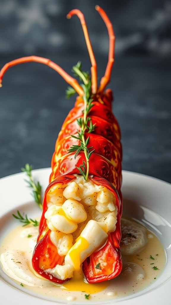 Lobster tail beautifully plated with garlic butter and garnished with herbs.