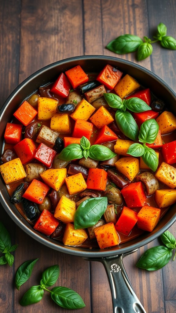 One-Pan Ratatouille with Fresh Basil displayed in a skillet.