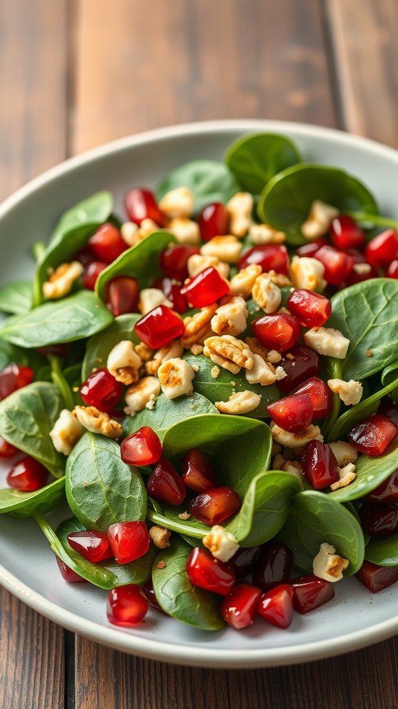 A vibrant Pomegranate and Spinach Salad with pomegranate seeds, feta cheese, and walnuts.