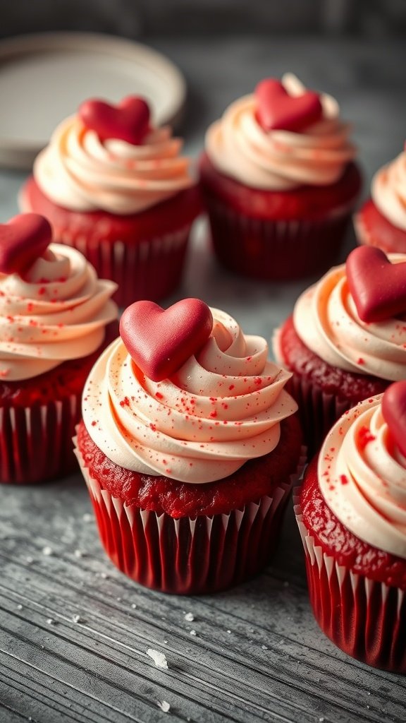 Delicious red velvet cupcakes topped with cream cheese frosting and heart decorations