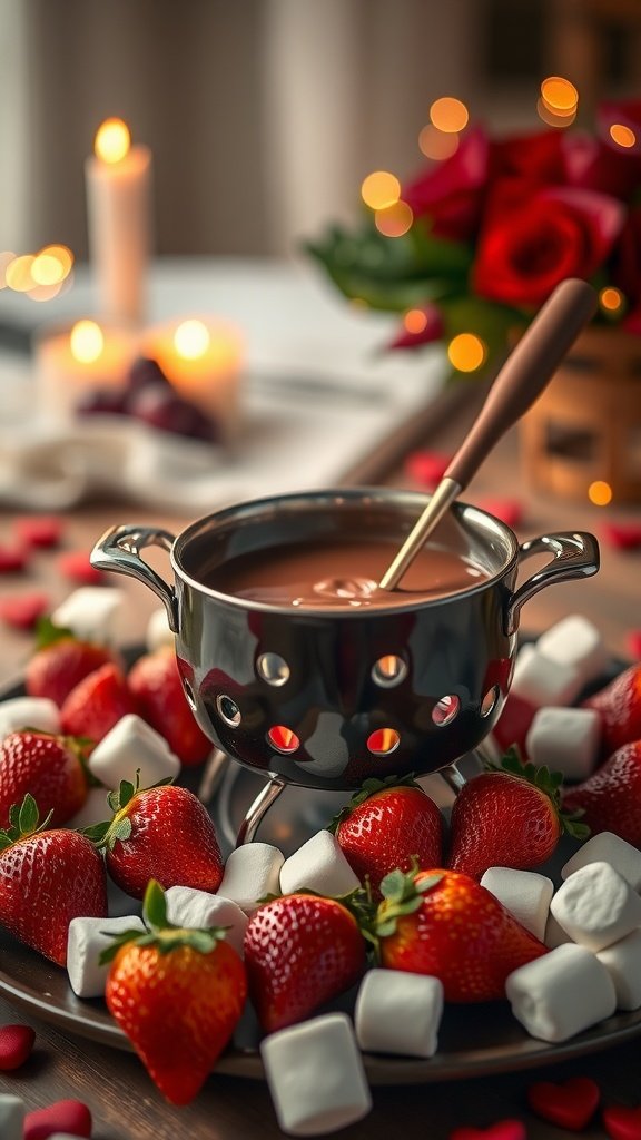 Rich chocolate fondue served with strawberries and marshmallows for dipping.