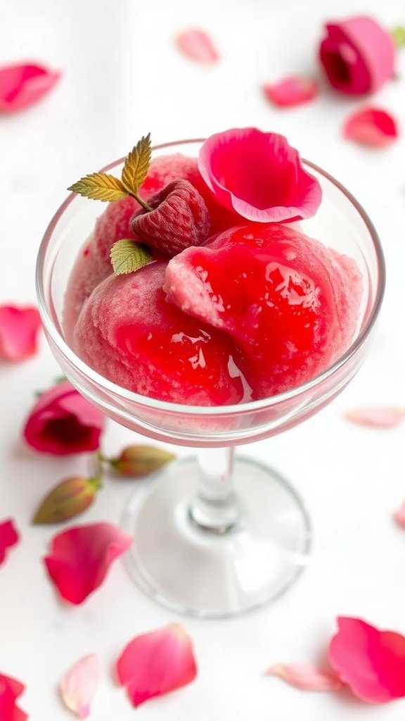 A glass of rose-infused raspberry sorbet garnished with fresh raspberries and rose petals.