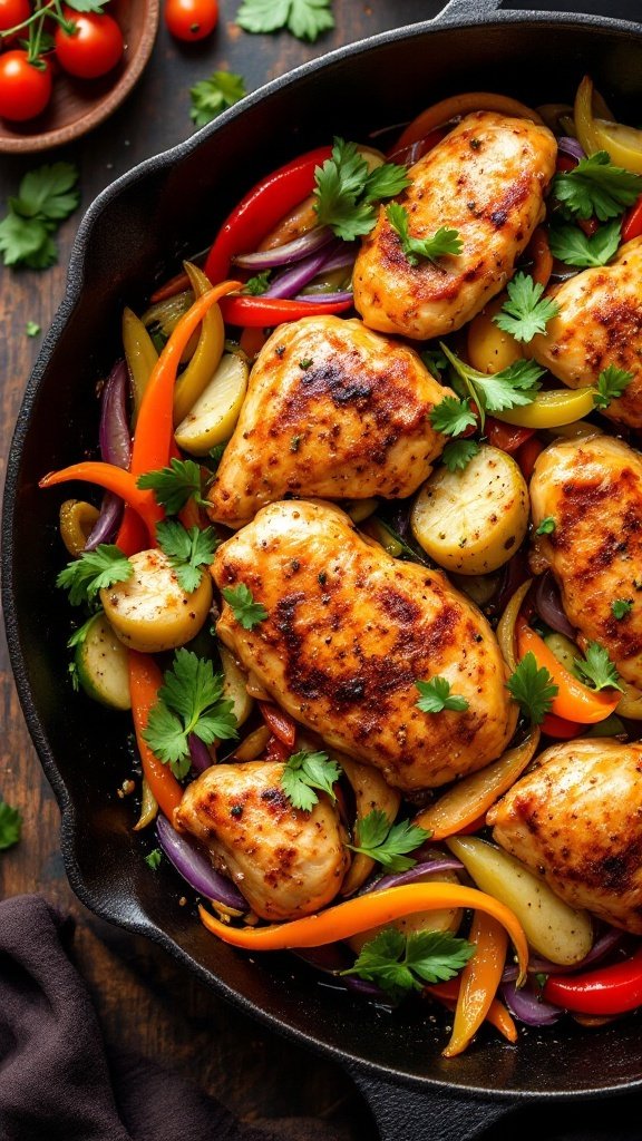 A colorful chicken and vegetable stir-fry in a cast iron skillet.