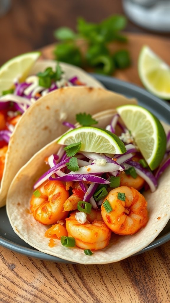 Spicy shrimp tacos with cabbage slaw, garnished with lime and cilantro.