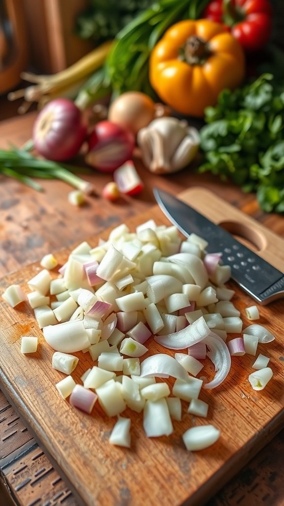 Chopped onion on a cutting board with a knife in a rustic kitchen setting.