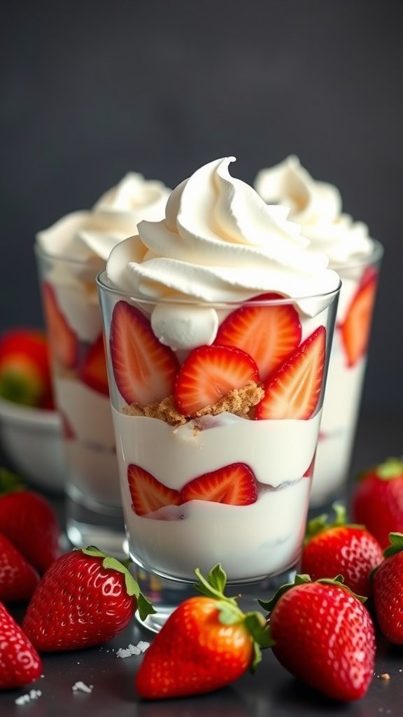 Strawberry shortcake parfaits in clear glasses topped with whipped cream and fresh strawberries