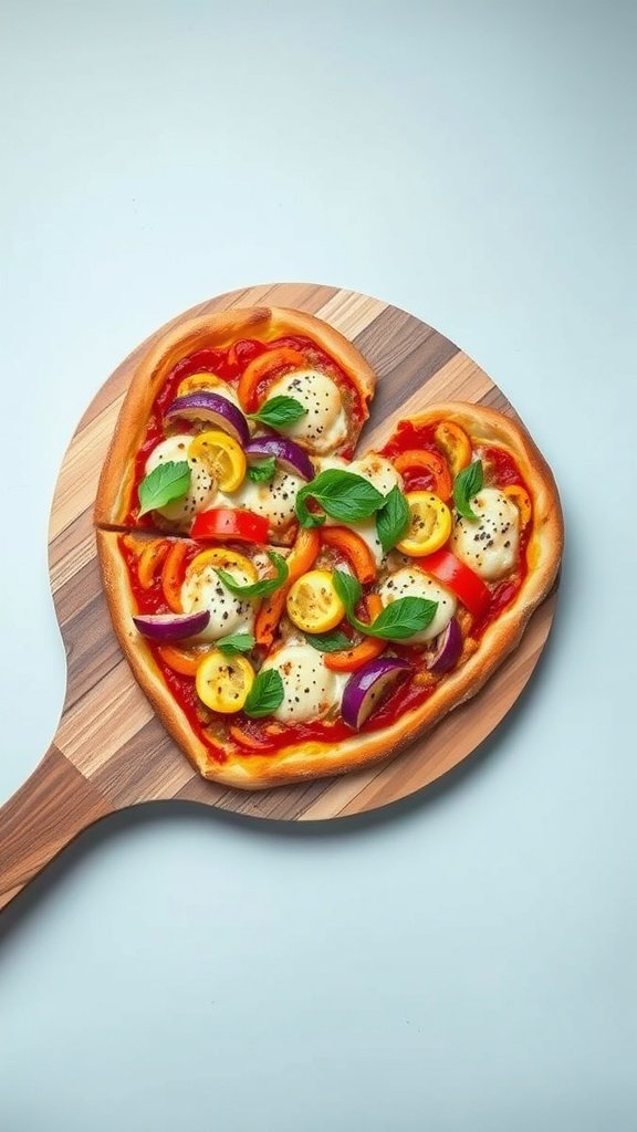 Heart-shaped pizza with colorful vegetable toppings