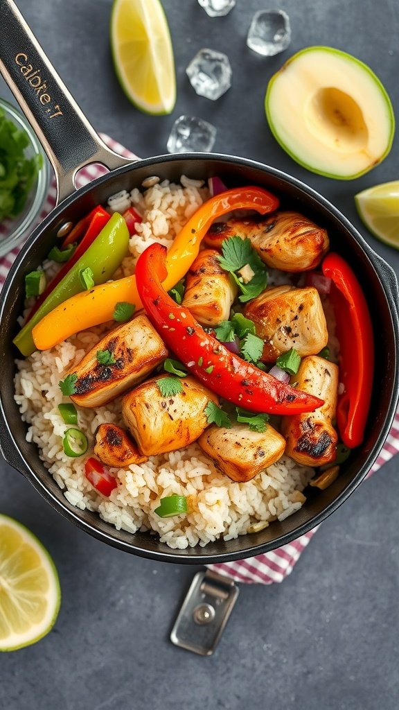 A delicious Tex-Mex fajita bowl with rice, featuring colorful peppers and chicken.