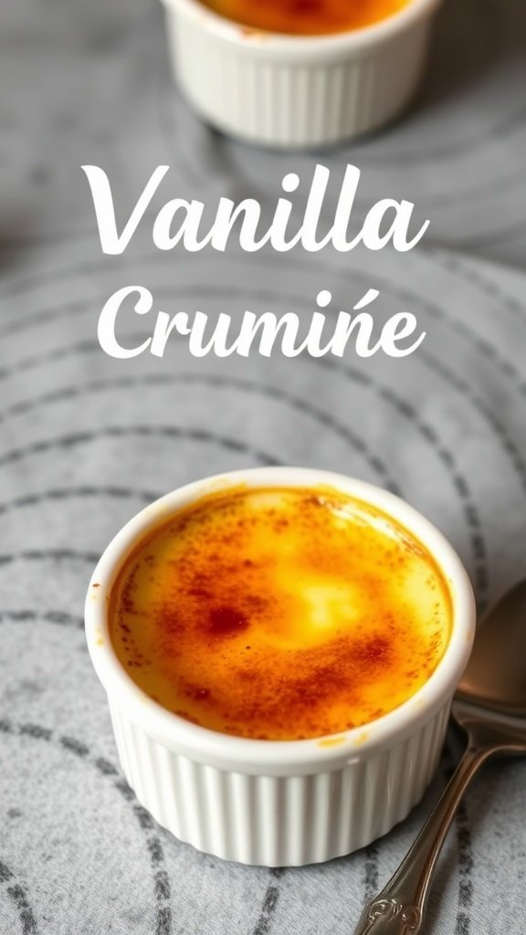 A delicious Vanilla Bean Crème Brûlée topped with caramelized sugar