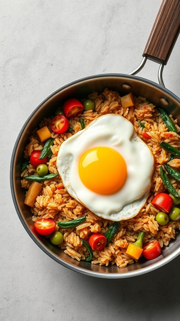 A pan filled with colorful vegetable stir-fried rice topped with a sunny-side-up egg
