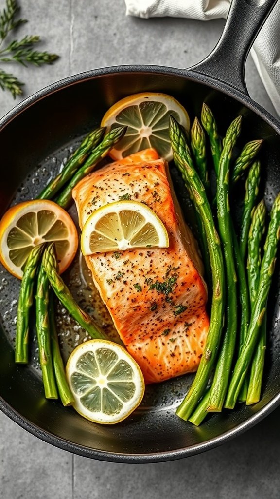 A delicious plate of lemon herb salmon with asparagus, garnished with lemon slices.